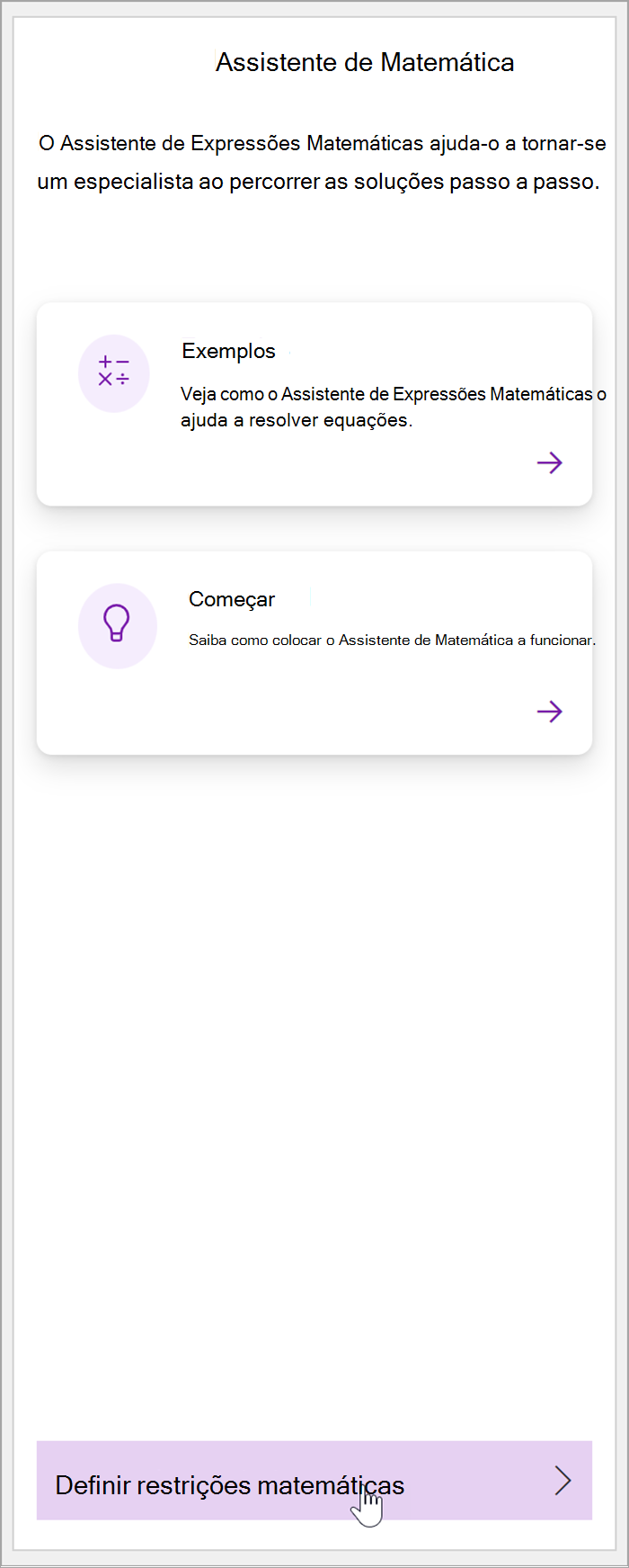 captura de ecrã do painel de matemática no OneNote. Um cursor paira o cursor sobre o botão Definir Restrições matemáticas