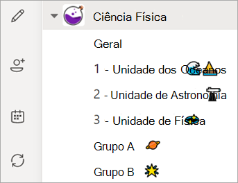 Captura de ecrã que mostra a lista de canais da Equipa de turma.
