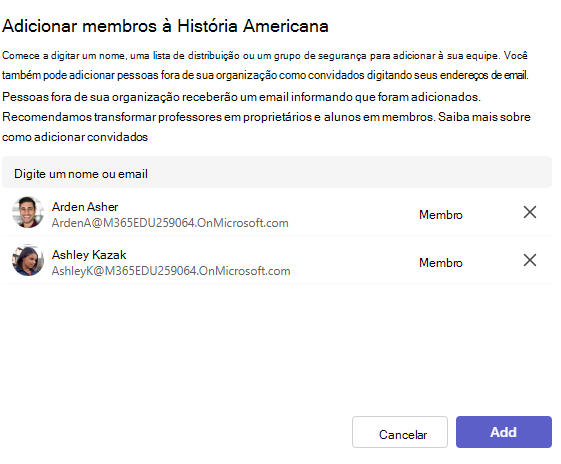Captura de ecrã da opção adicionar.
