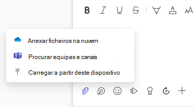 Captura de ecrã que mostra o menu Anexo de ficheiros com opções de carregamento e ficheiro na nuvem.