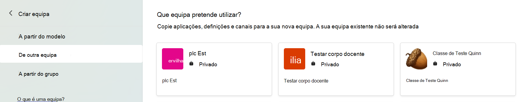 Captura de ecrã que mostra a seleção de uma equipa para copiar aplicações, definições e canais.