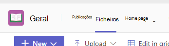 Captura de ecrã a mostrar Files separador num canal do Teams.