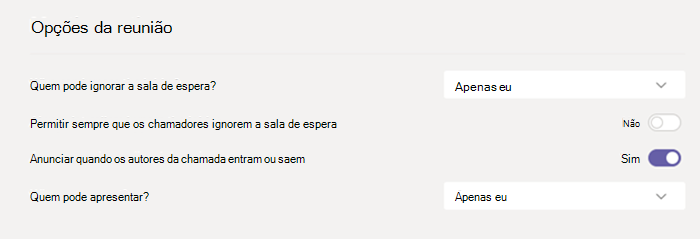 Opções de reunião no Teams.
