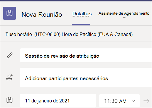 Captura de ecrã que mostra o formulário Nova reunião no Teams com os campos título, participantes, data e hora.