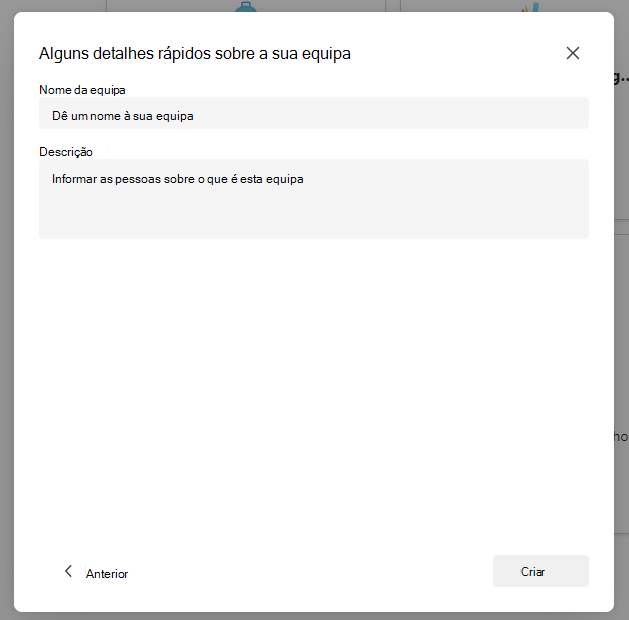 Captura de ecrã da configuração da equipa.