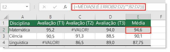 A função de matriz na função MÉDIA para resolver o erro #VALOR!