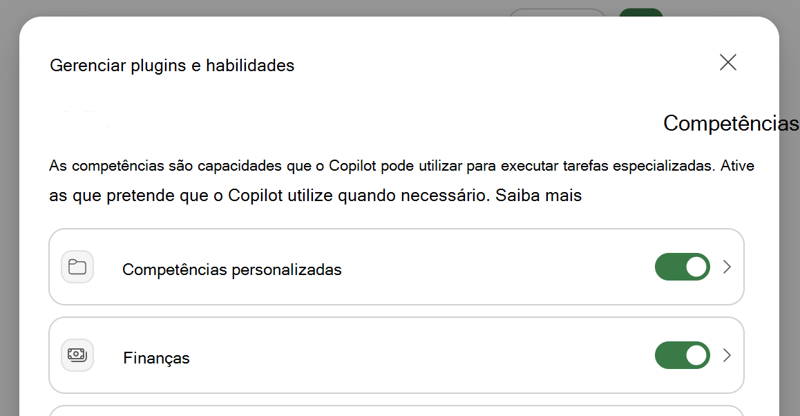Captura de ecrã do diálogo Gerir plug-ins & competências do Copilot no Excel.