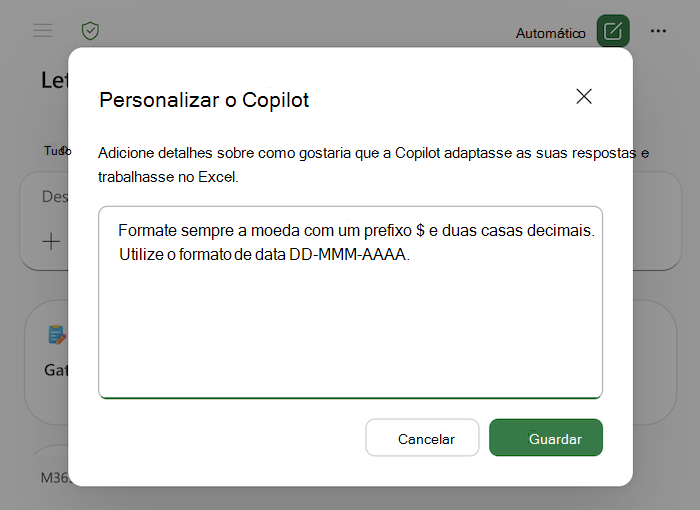 Captura de ecrã a mostrar a caixa de diálogo Copilot na personalização do Excel, incluindo exemplos na área de texto.