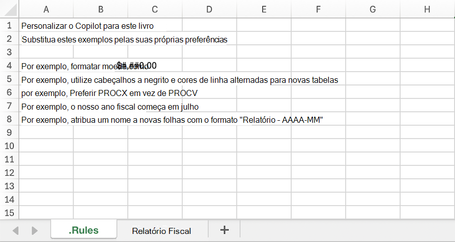 Captura de ecrã de um Copilot no livro do Excel com um exemplo . Folha de cálculo regras.