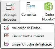 A opção Assinalar com um Círculo Dados Inválidos no friso