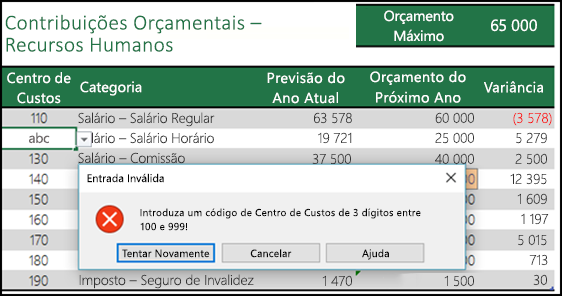Exemplo de uma mensagem de entrada inválida