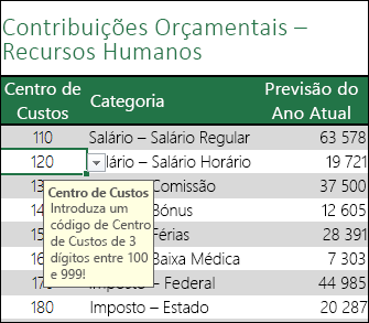 Uma mensagem de entrada é apresentada quando os utilizadores selecionam a célula