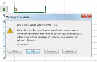 Mensagem de aviso a indicar dados inválidos