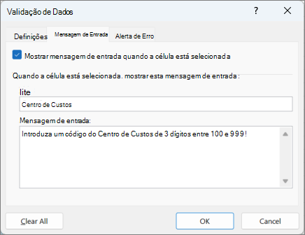 Definições de mensagens de entrada na caixa de diálogo Validação de Dados
