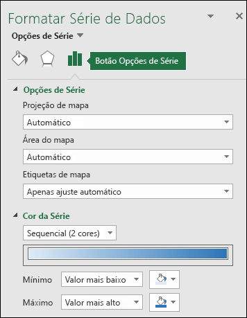 Opções de Séries do Painel de Tarefas Formatar Objeto do Gráfico de Mapa do Excel