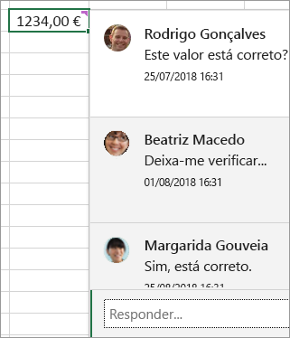 Célula com $1.234,00 e um comentário por tópicos anexado: Dave Ludwig: Este valor está correto? Amy Smith: Deixe-me verificar... e assim sucessivamente