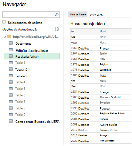 > Power Query A partir da Vista de Tabela do Navegador Web >