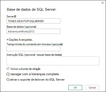 Power Query SQL Server diálogo Ligação da base de dados