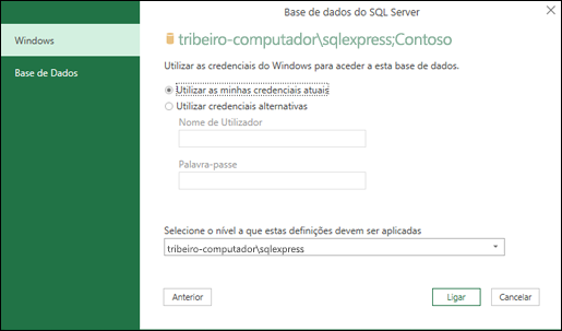 Power Query SQL Server credenciais de início de sessão da ligação