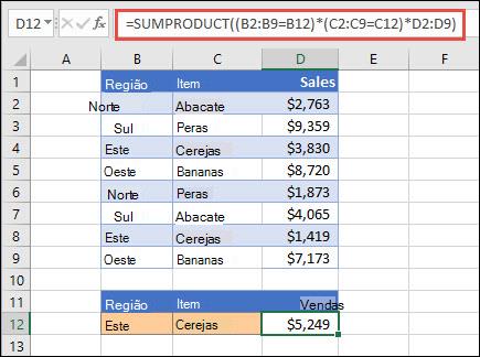 Teste de utilização de SUMPRODUCT para devolver a soma dos itens por região. Neste caso, o número de cerejas vendidas na região Leste.