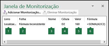 A Janela de Monitorização permite monitorizar facilmente fórmulas utilizadas numa folha de cálculo