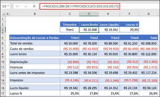 Imagem da função PROCX utilizada para devolver dados horizontais de uma tabela ao aninhar 2 XLOOKUPs. A fórmula é: =PROCX(D2;$B 6:$B 17;PROCX($C 3;$C 5:$G 5;$C 6:$G 17))