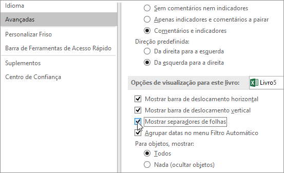 Opções de Mostrar separadores de folhas no Excel