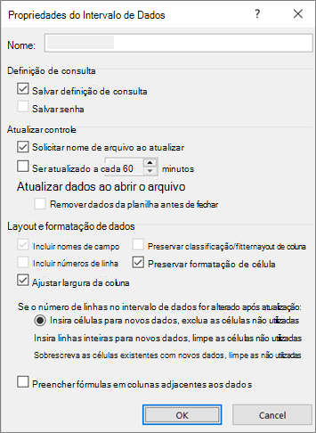 Exemplo da caixa de diálogo Propriedades do Intervalo de Dados Externos