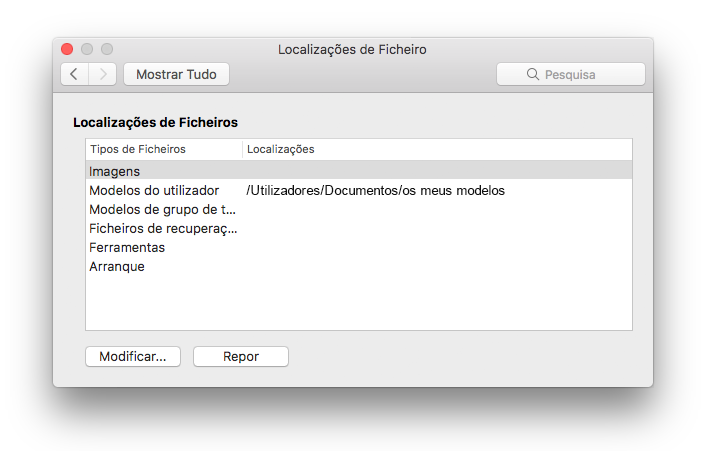 captura de ecrã do painel de preferências de localizações de ficheiros da Microsoft Word