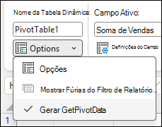 Captura de ecrã do menu Opções de Tabela Dinâmica do Excel. A secção superior mostra o Nome da Tabela Dinâmica: Tabela Dinâmica1. Abaixo, é expandido um menu pendente com o nome Opções, apresentando três itens: Opções, uma opção Mostrar Páginas de Filtro de Relatório a cinzento... e uma opção selecionada Gerar GetPivotData.