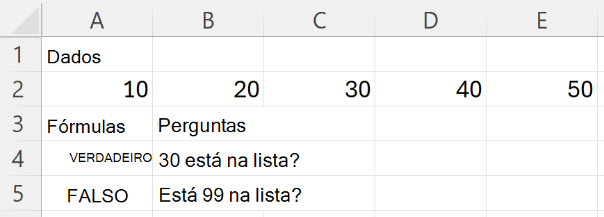 HAS devolve VERDADEIRO para 30 e FALSO para 99 quando procura um intervalo que contém 10, 20, 30, 40 e 50