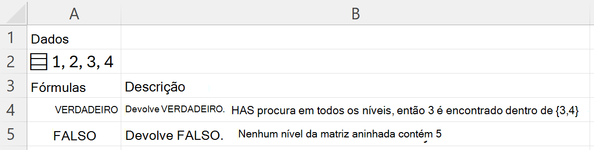 HAS localiza 3 dentro de uma matriz aninhada e devolve VERDADEIRO; procurar 5 devolve FALSO