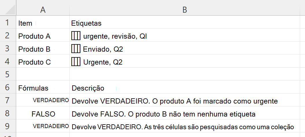 Utilizar HASANY para verificar se uma célula com uma matriz aninhada de etiquetas inclui alguma das etiquetas escolhidas