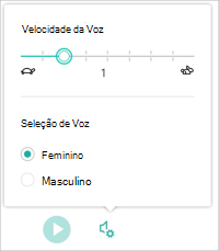 Captura de ecrã que mostra as definições de voz do Leitura Avançada com o controlo de deslize de velocidade e Feminino selecionados.