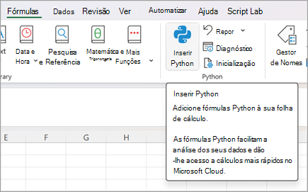 Aceda a Fórmulas e, em seguida, selecione Inserir Python.