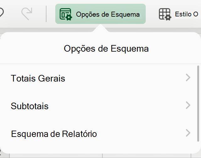 Lista pendente de esquema da Tabela Dinâmica no iPad.