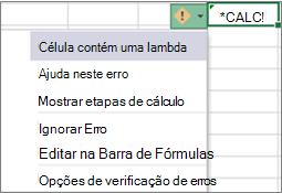A mensagem de erro e a lista pendente do erro lambda