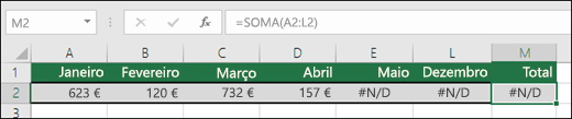 Exemplo de #N/D introduzidos em células, o que impede que uma fórmula SOMA calcule corretamente.