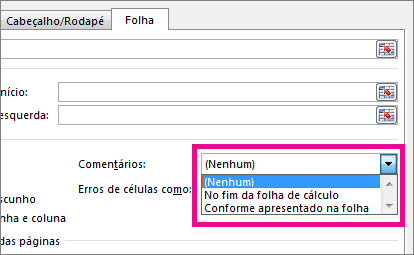 No separador Folha, escolha uma opção em Comentários