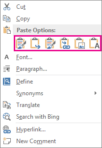 Grupo de botões de cinco opções para colar gráficos do Excel no Word