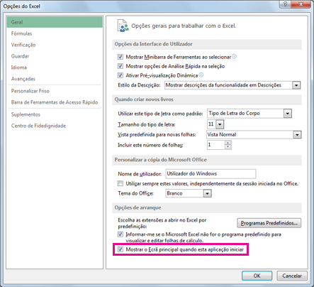 Opções de arranque na caixa de diálogo Opções do Excel