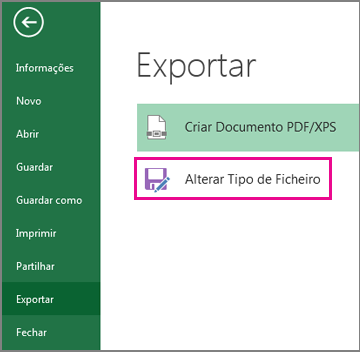 Alterar Tipo de Ficheiro no separador Exportar