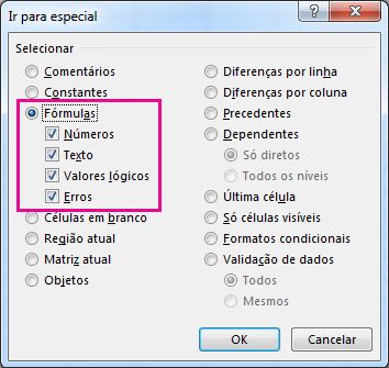 Opções para localizar fórmulas na caixa Ir Para Especial