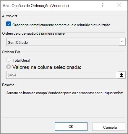 Caixa de diálogo Mais Opções de Ordenação