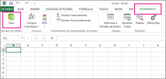 Separador PowerPivot e Botão Gerir