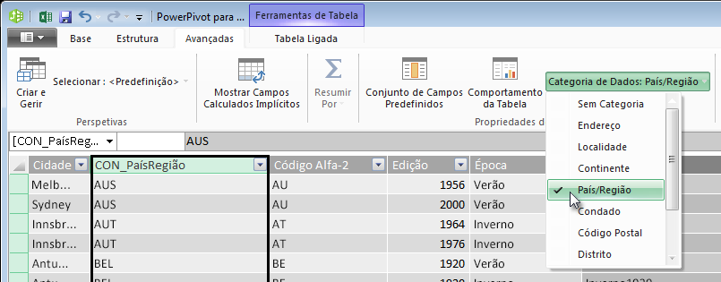 Categorias de Dados no PowerPivot