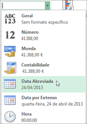 Comando Data Abreviada na galeria Formato Numérico