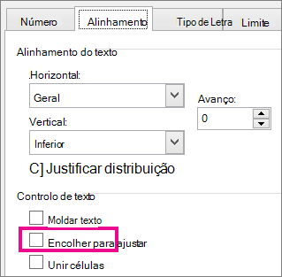 Ajustar texto no separador Alinhamento da caixa de diálogo Formatar Células