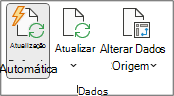 Grupo Dados no separador Analisar da Tabela Dinâmica do Friso. O grupo Dados contém botões Atualizar Automaticamente, Atualizar e Alterar Origem de Dados.