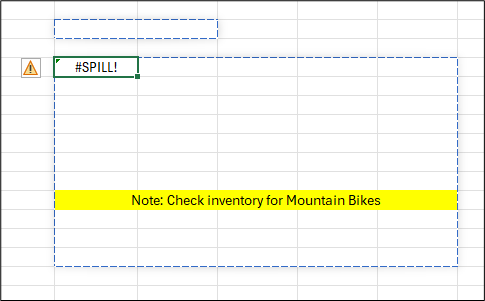Folha de cálculo do Excel a mostrar uma #SPILL de Tabela Dinâmica! numa célula com um ícone de aviso. O intervalo de transposição de tabela dinâmica é delineado com um limite azul tracejado e os dados de bloqueio dentro do intervalo são uma célula unida realçada a amarelo, mostrando Nota: Verificar o inventário de Bicicletas de Montanha
